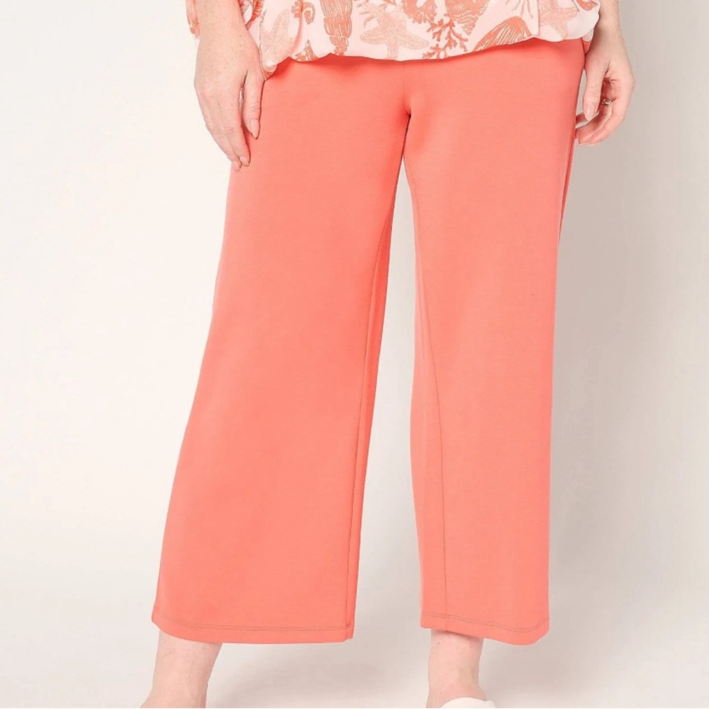 New Belle by Kim Gravel ScubaLuxe Wide Leg Crop Pants Hot Coral Large Petite